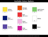 A colour chart featuring options for a stylus pen, including yellow, orange, light green, blue, red, rose, purple, pink, black, and white.