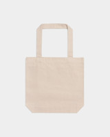 A beige American Apparel tote bag with two shoulder straps and a plain design. It features a logo on one side.