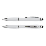 A stylus pen in white with silver accents, featuring a logo. Two pens are displayed.