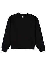 A black crew sweatshirt with long sleeves and a ribbed neckline. The garment features a logo.