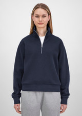 A navy blue women's 1/4 zip sweatshirt with a high collar and long sleeves, featuring a logo.