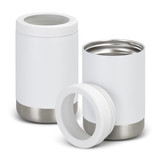 A drink bottle and cooler in white with a stainless steel base; features a lid and branding detail.