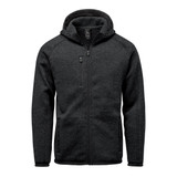 A black full zip fleece hoody featuring a hood and multiple zippered pockets. It has a logo on the front.