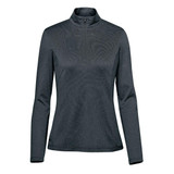 A women's pullover in dark grey with a 1/4 zip and long sleeves, featuring a logo on the side.