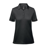 A black women's polo shirt with a classic collar and short sleeves, featuring a logo on the chest.