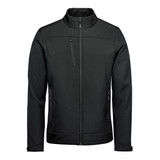 A black men's softshell jacket featuring a full front zipper and multiple pockets, including a chest pocket.