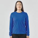 A long-sleeve women's T-shirt in bright blue, featuring a simple design and a logo on the front.
