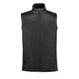 A black thermal vest with a stand-up collar and zip front, featuring shoulder panels and a simple design.