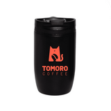 A drink bottle featuring a black vacuum cup with a cat logo in red. It has a secure lid for easy drinking.