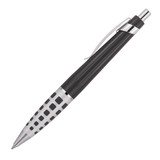 A ballpoint pen in black with a silver clip and a patterned grip, featuring a logo.