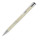 A ballpoint pen in light beige with a chrome clip and accents. It features a subtle textured finish and a logo.