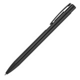 A black metal ballpoint pen with a sleek design and clip, featuring a simple branding logo.
