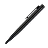 A black metal ballpoint pen with a sleek design and clip, featuring a logo on the barrel.