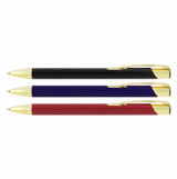 A set of three ballpoint pens in matte black, navy blue, and red, each with gold trim and a logo.
