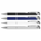 A set of four ballpoint pens in black, blue, white, and silver with chrome accents and branding.