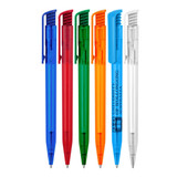 A selection of five transparent ballpoint pens in blue, red, green, orange, and clear, featuring a logo on one pen.