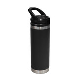 A drink bottle with a black finish and a stainless steel base, featuring a sipper handle and a logo.