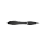A black plastic pen with a silver clip and accents, featuring a sleek design and streamlined shape. It has a logo.