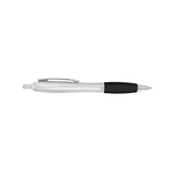 A silver and black plastic pen featuring a sleek design and a branding logo.