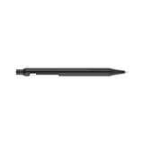 A black metal pen with a sleek design, featuring a clip and a smooth finish. It has a branding logo present.