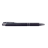 A sleek black pen with a textured finish and silver accents, featuring a clip and branding.
