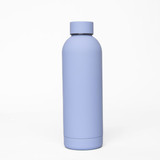 A drink bottle in a soft blue shade with a sleek, double wall design and a matching cap. Features a logo.