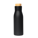 A drink bottle in sleek black with a decorative wooden cap, featuring an elegant, modern design and branding.