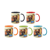 A selection of five two-tone sublimation mugs in black, red, orange, green, and blue, each with a logo.