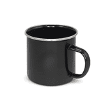 A black enamel camping mug with a silver rim and a sturdy handle, suitable for outdoor use.