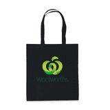 A black tote bag featuring a green logo and dual handles. Simple and functional design.