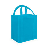 A blue tote bag with two handles and a simple design. It includes a logo on one side.