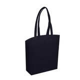 A black tote bag with two long handles and a rectangular shape. It features a branding logo.