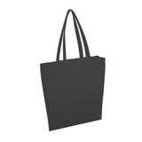 A black tote bag with two handles and a plain design, featuring a logo on one side.