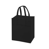 A large black non-woven shopping bag with two handles and a simple design. It features a logo on one side.