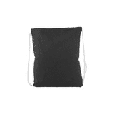 A black drawstring tote bag with white cords and a logo. Simple and versatile design for various uses.