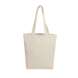 A natural beige canvas tote bag with two shoulder straps and an empty interior, featuring a logo.