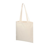 A plain cream canvas tote bag with long handles and no visible branding.