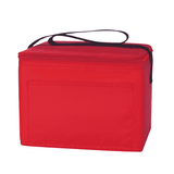 A red nylon cooler bag with a zip closure and a handle, featuring a plain design with a logo.