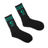 Black crew socks with green stripes and a logo on the side. Suitable for casual and sportswear.