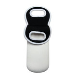 A drink bottle holder in black and white neoprene with two handle cutouts. It features a simple design and has a logo.