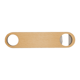 A drink bottle opener made from bamboo, featuring a natural wood finish and a metal blade. Includes an unlabelled logo.