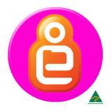 A round 32mm button badge with a vibrant pink background and a colourful logo design. It features a logo in white and orange.
