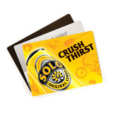 A vibrant counter mat featuring a yellow design with branding and images related to a drink, layered on dark and light mats.