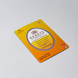 A magnetic photo frame in vibrant yellow with a rounded design, featuring a logo and contact details.
