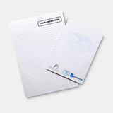 A4 notepad with 50 leaves, featuring lined pages and a logo. Predominantly white with a subtle design.