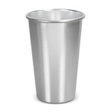 A drink cup in metallic silver with a smooth finish and a branding logo. Suitable for various beverages.