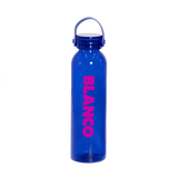 A drink bottle in blue with a pink logo. It has a screw-top lid and a handle for easy carrying.