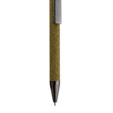 A pen with a textured, green cork grip and a shiny black tip, featuring a clip for attachment.