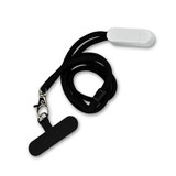 A black phone holder lanyard with a white attachment and a clip for secure fastening.