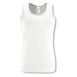 A white women's tank top with a round neckline, featuring a logo at the top.